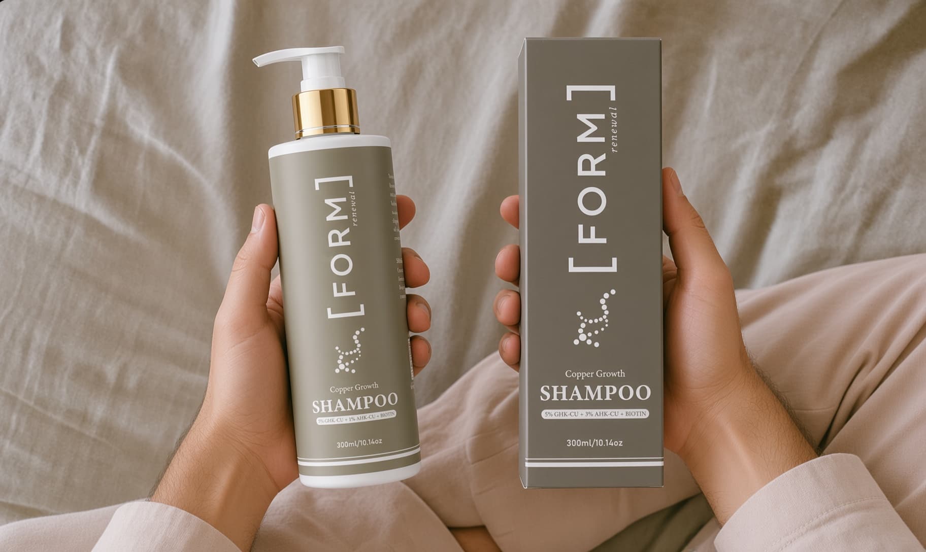 FORM Copper Growth Shampoo bottle and box held in hand