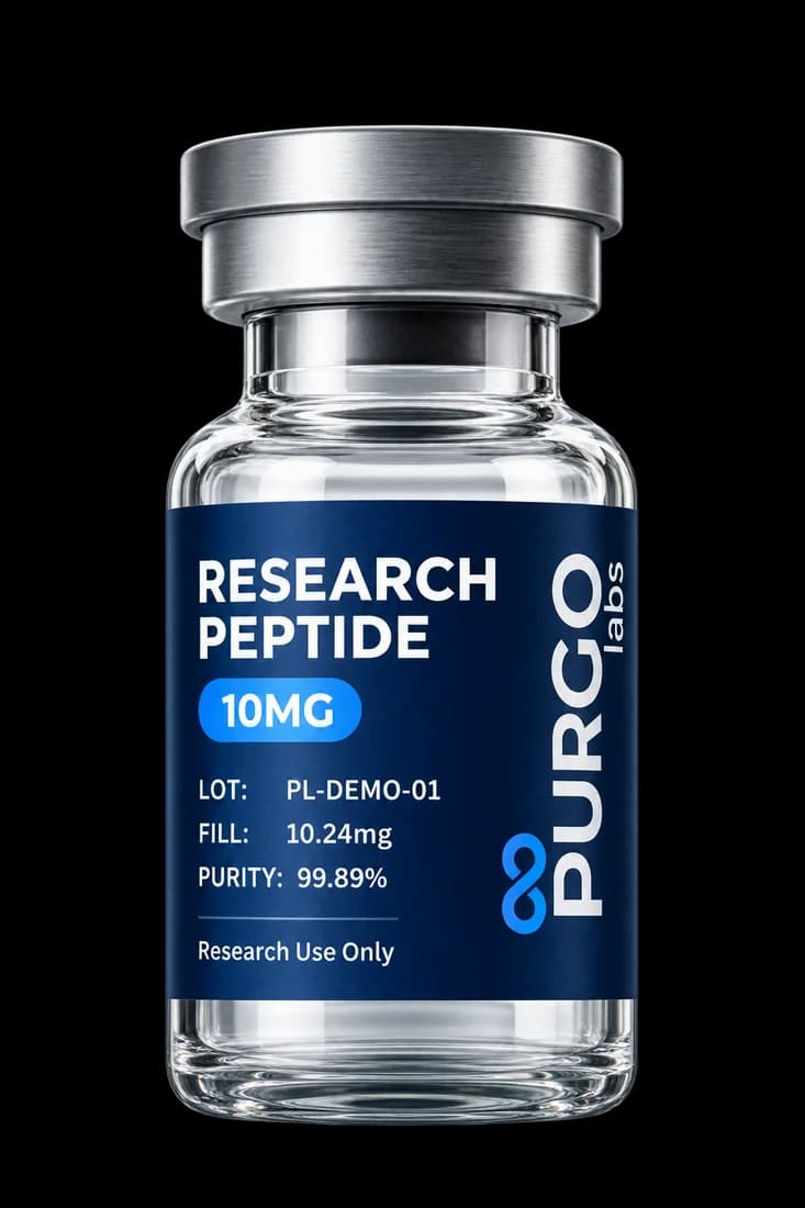 Illustrative Purgo research vial showing a sample lot number, fill and purity