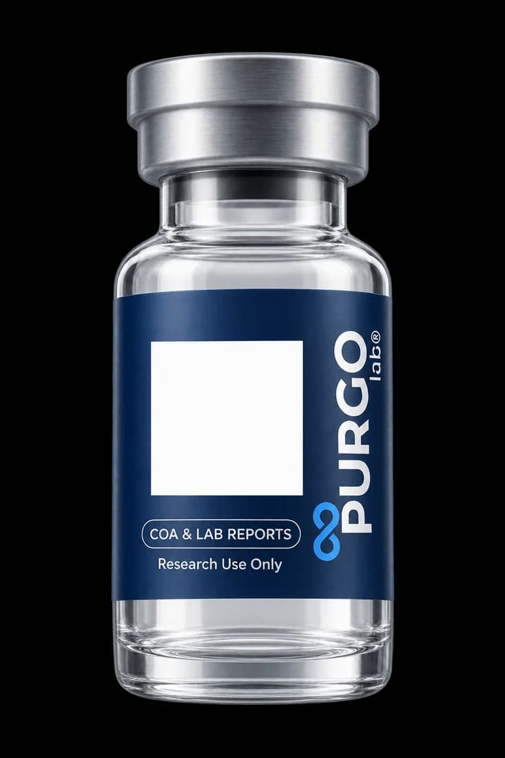 Illustrative Purgo vial with a QR code linking to Lab Reports