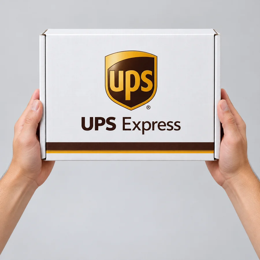 Hands holding a UPS Express shipping box